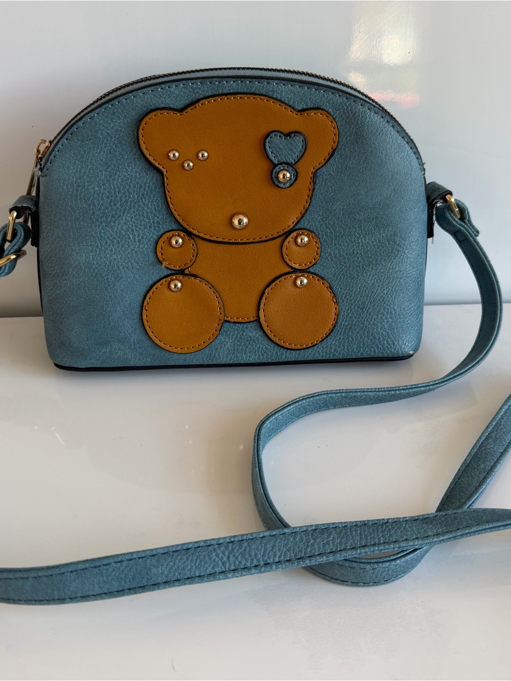 Blue Crossbody Bag with Brown Teddy Appliqué